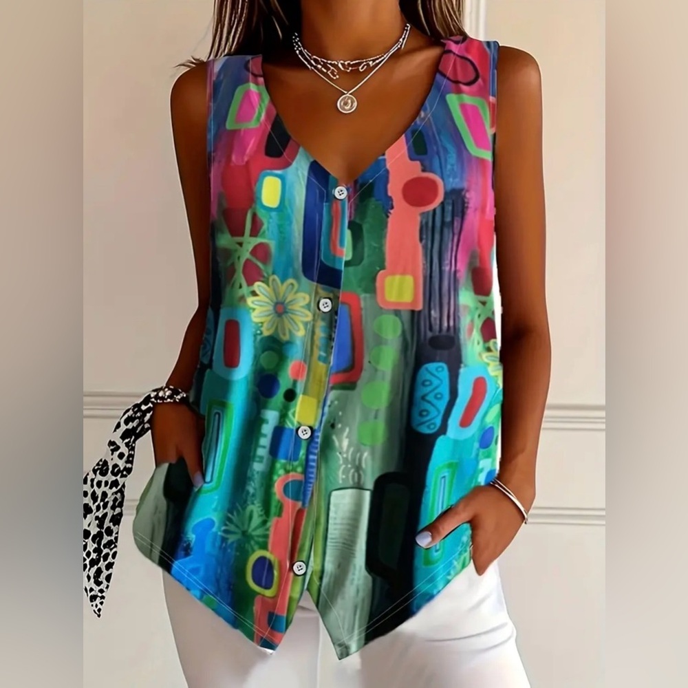 Vibrant Abstract Print V-Neck Button Plus SZ Tank Top - Multicolor NWT